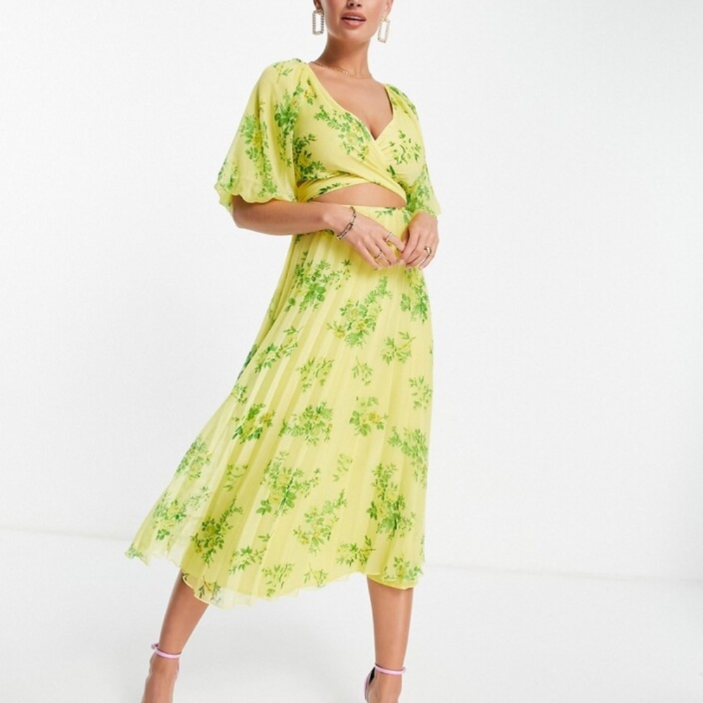 ASOS Yellow And Green Floral Tie Midi Dress Size 4
